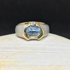 Blue Topaz White Sapphire Silver & Gold Ring Sz 8
